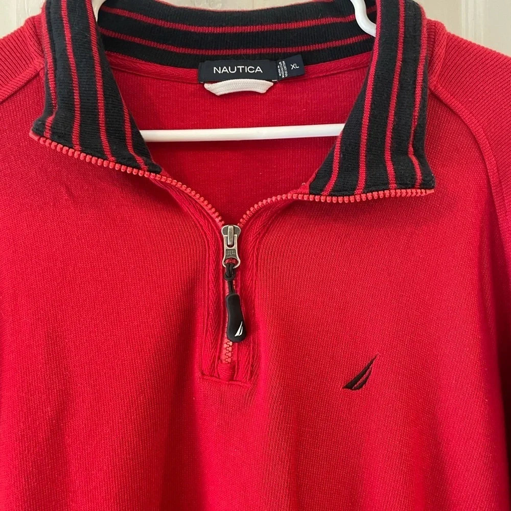 Nautica Red Zip Up Sweater with Ribbed Cuffs
